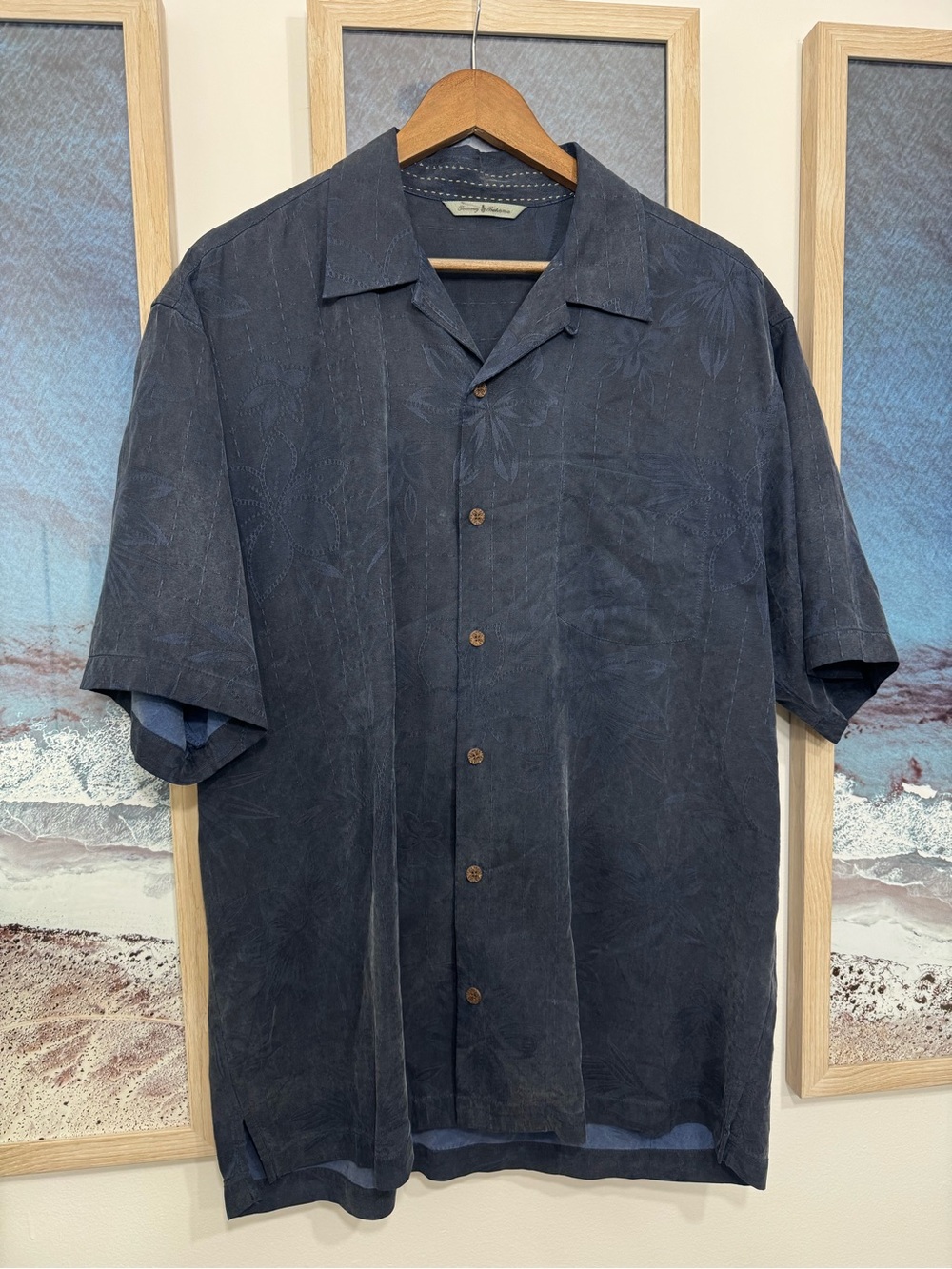 Tommy Bahama 100% Silk Navy Tonal Floral Button Up Shirt